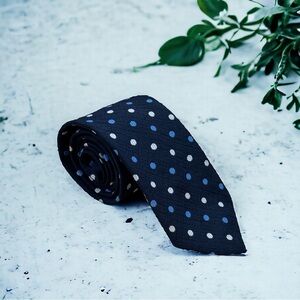 WEMLON 70’s Neck Tie by Wembley Navy Blue White Light Blue Polka Dots Washable